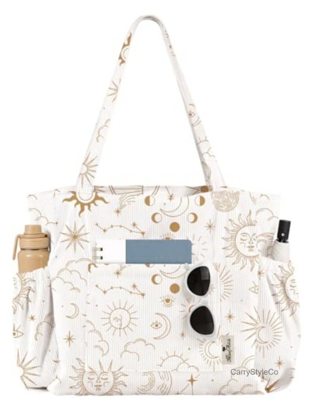 Large Corduroy Tote Bag with Zipper Multi-Pocket Shoulder Handbag